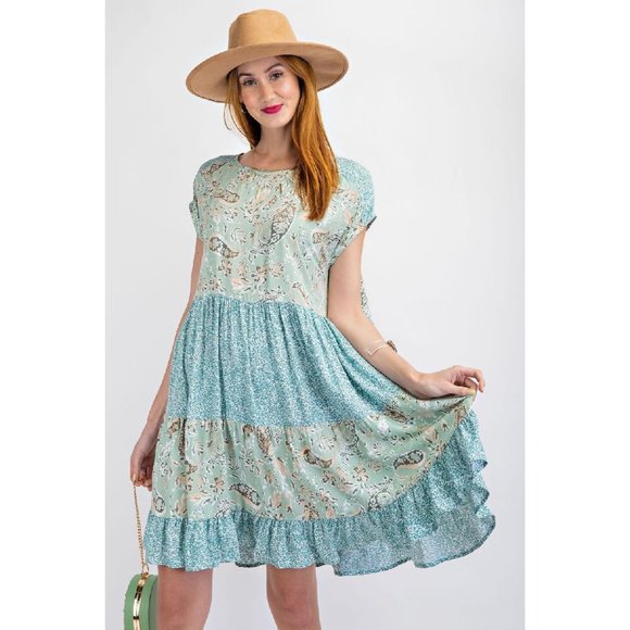 easel Dresses Easel Sage Mix N Match Ruffled Bottom Cap Sleeve Boat